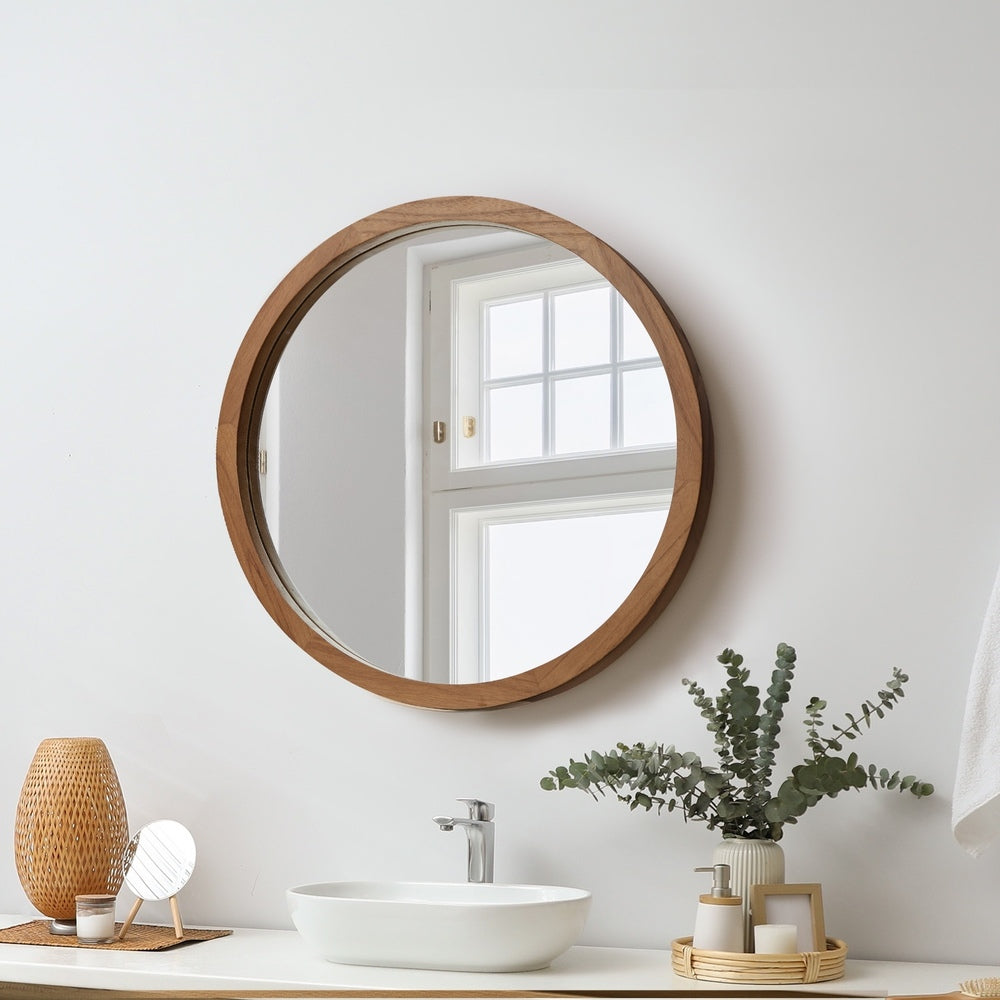 Wall Mirrors 50cm Round Makeup Mirror Vanity Decor Walnut