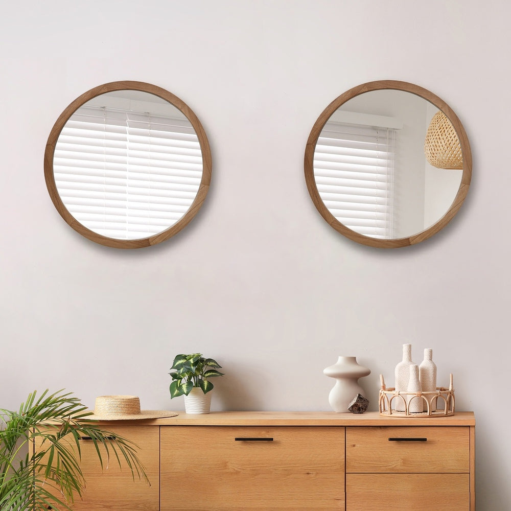 Wall Mirrors Round Home Decor 50cm Walnut Set of 2