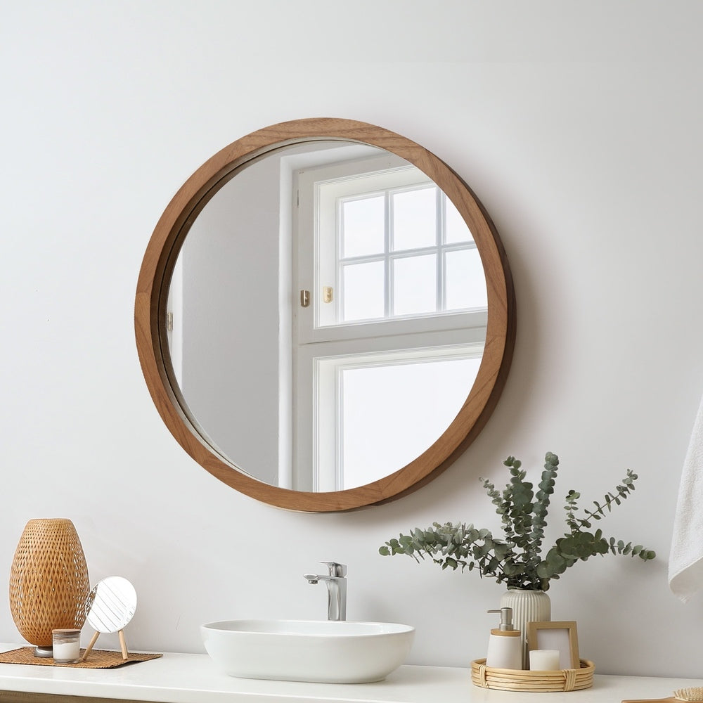 Wall Mirrors 60cm Round Makeup Mirror Decor Bathroom Walnut