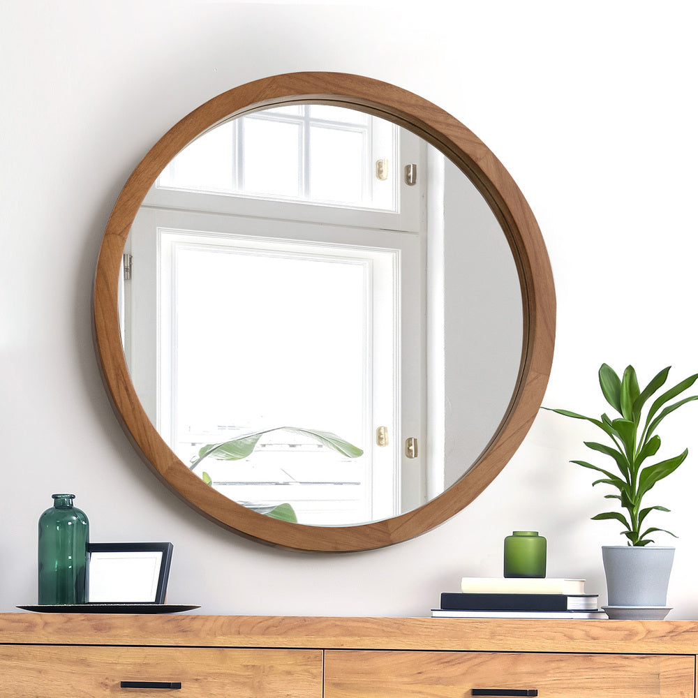 Wall Mirrors 60cm Round Makeup Mirror Decor Bathroom Walnut