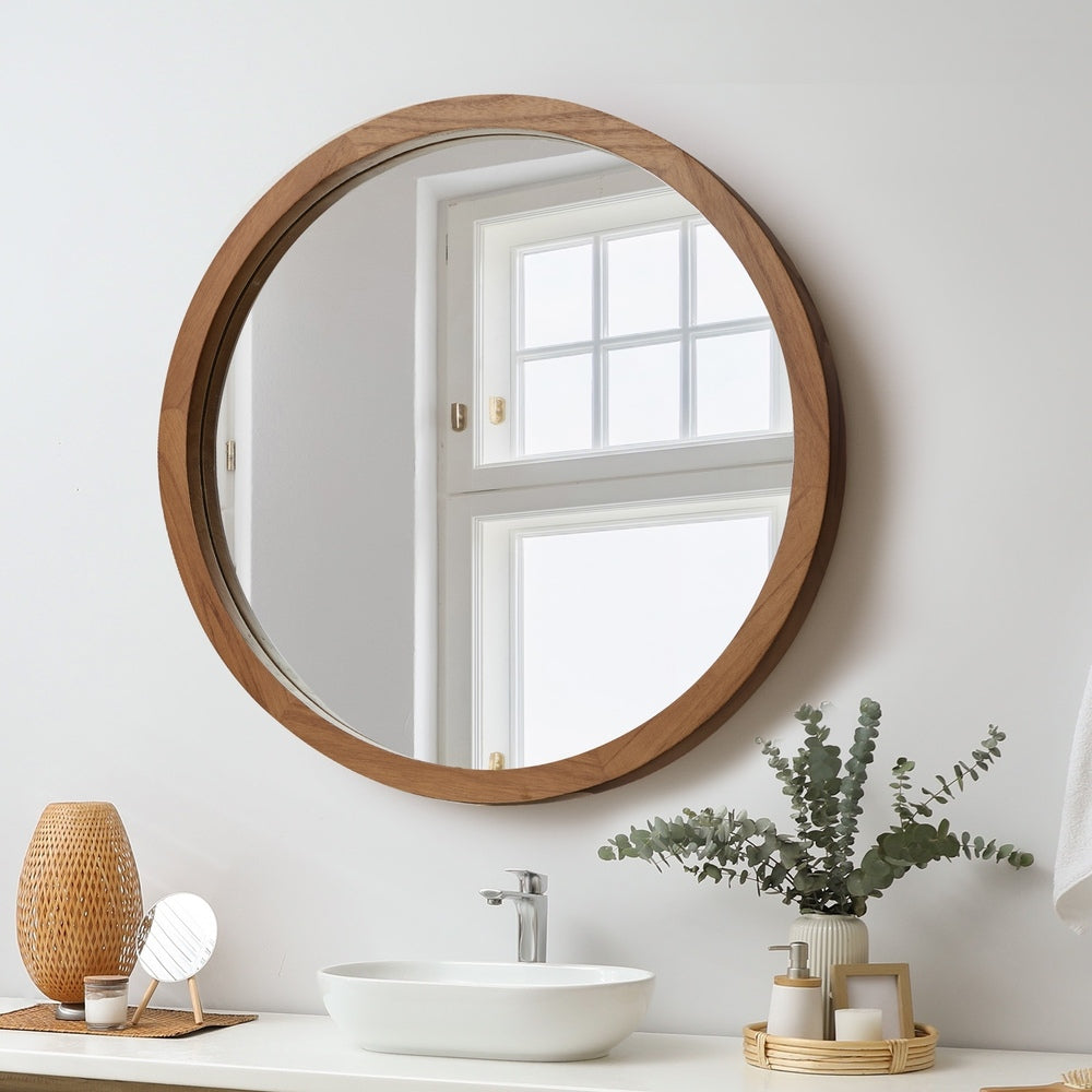 Wall Mirrors 70cm Round Makeup Mirror Vanity Decor Walnut