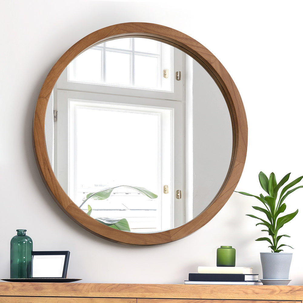 Wall Mirrors 70cm Round Makeup Mirror Vanity Decor Walnut