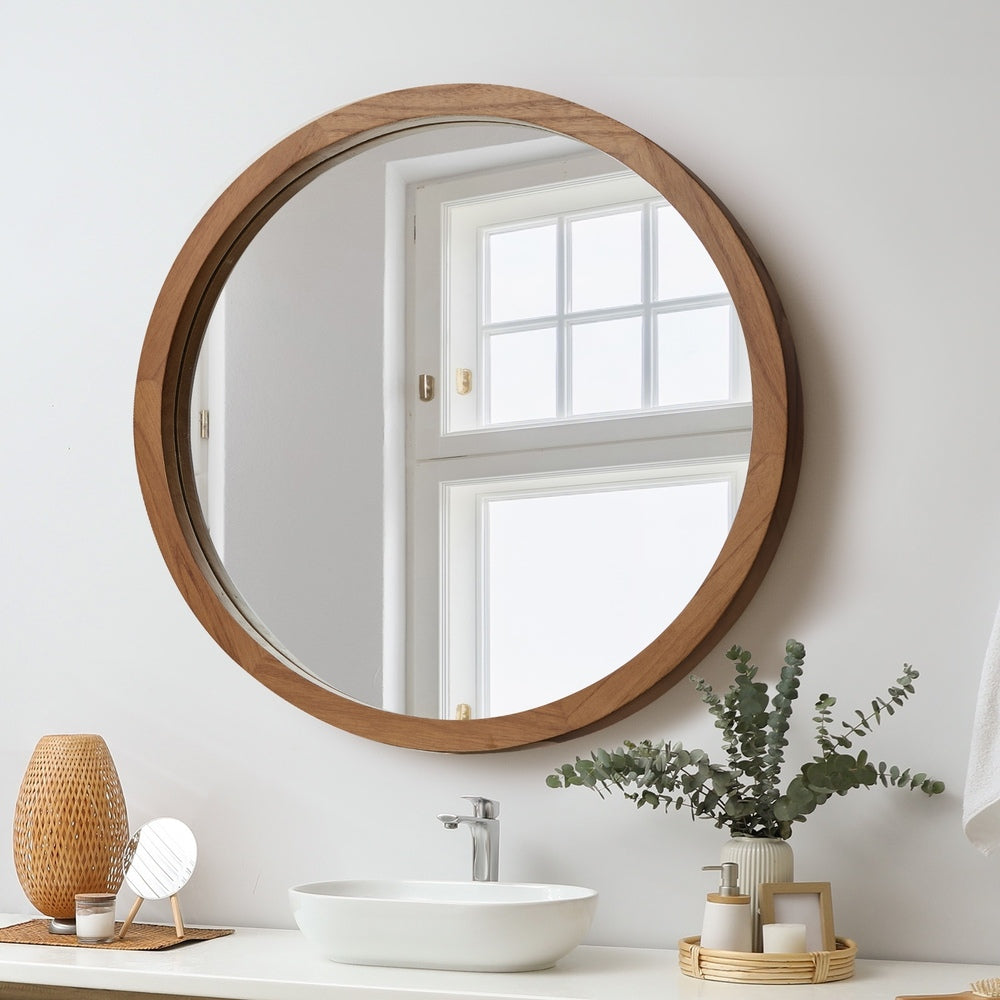 Oikiture Wall Mirrors 80cm Round Makeup Mirror Decor Bathroom Walnut
