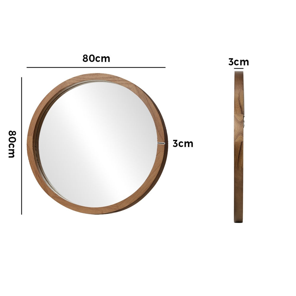 Oikiture Wall Mirrors 80cm Round Makeup Mirror Decor Bathroom Walnut