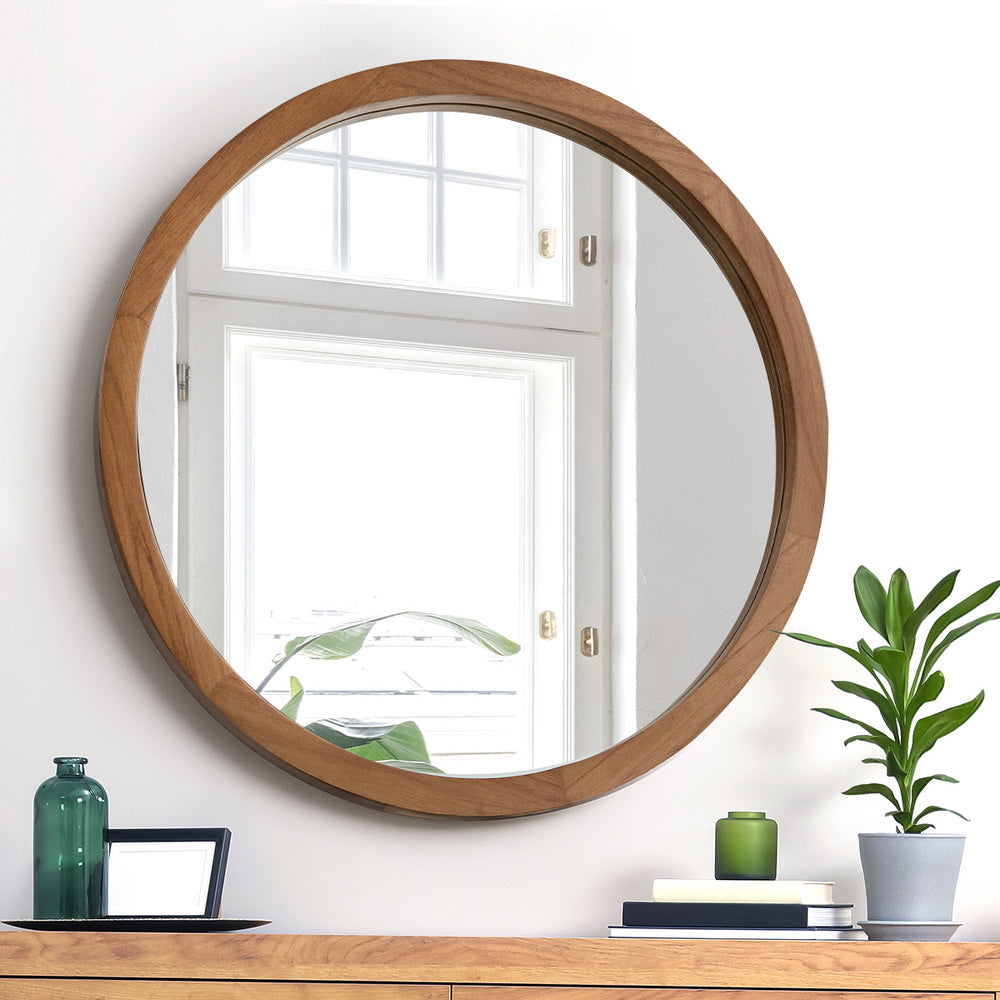 Oikiture Wall Mirrors 80cm Round Makeup Mirror Decor Bathroom Walnut