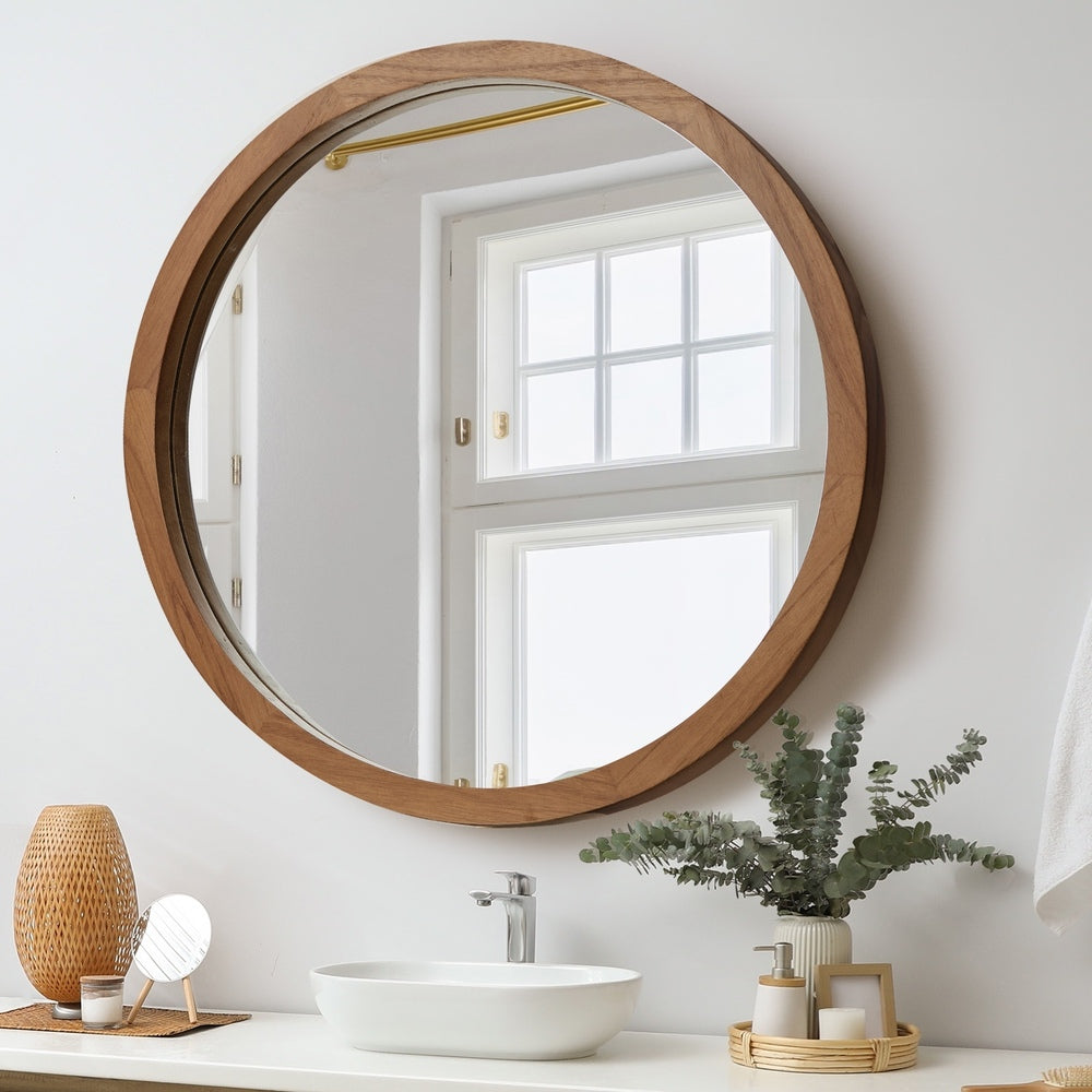 Oikiture Wall Mirrors Round Home Decor 90cm Walnut Set of 2