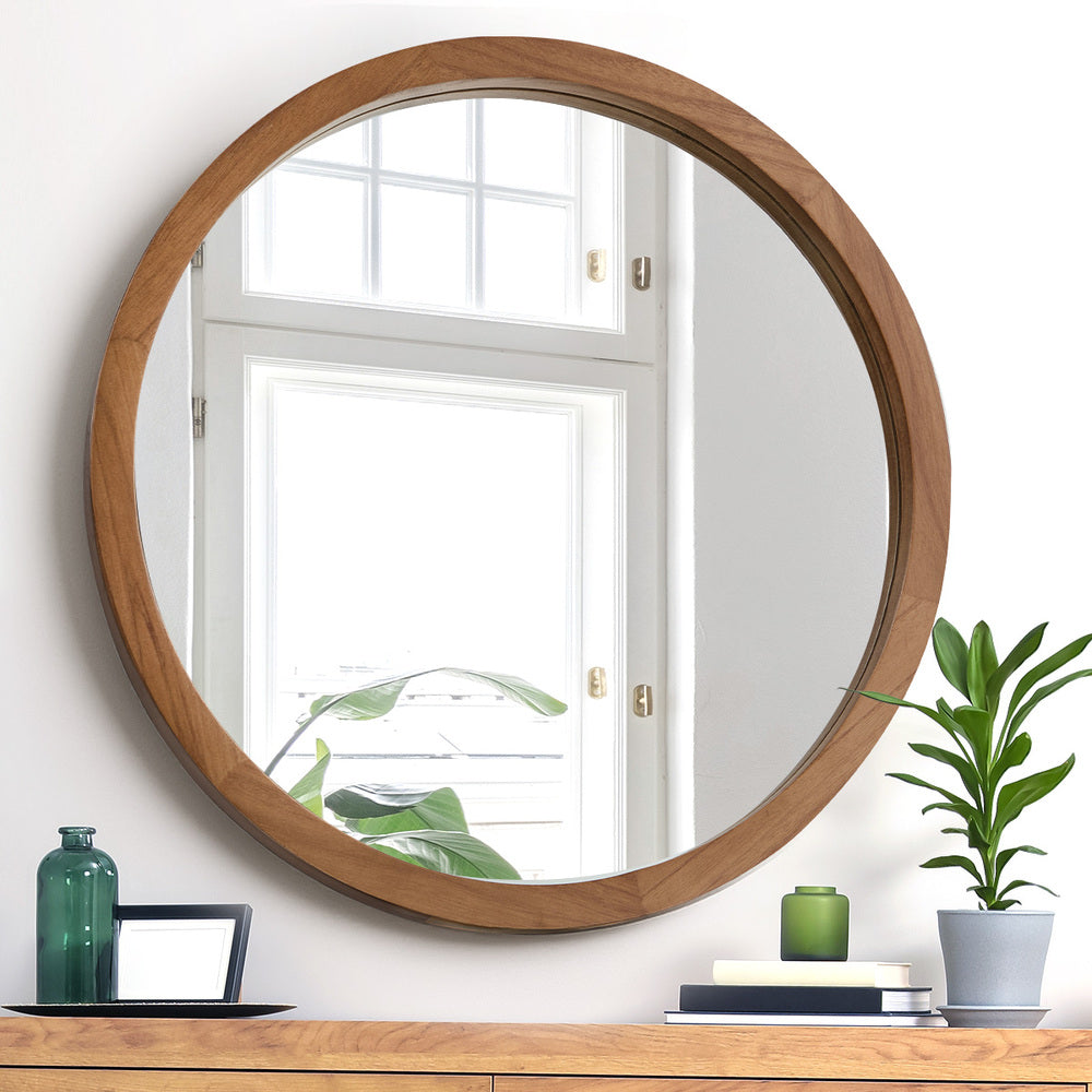 Oikiture Wall Mirrors Round Home Decor 90cm Walnut Set of 2