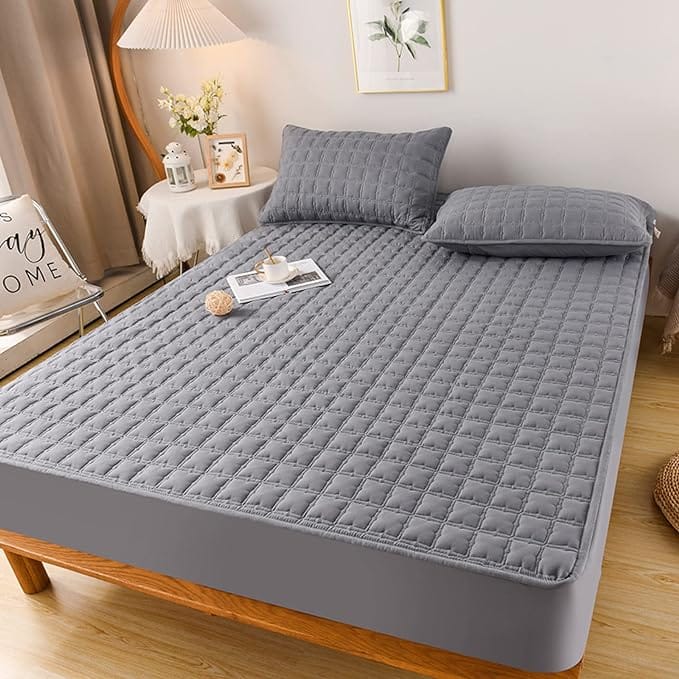 Anyhouz Mattress Protector Anyhouz Mattress Cover Gray Double Size Waterproof Quilted Fitted Bed Sheet