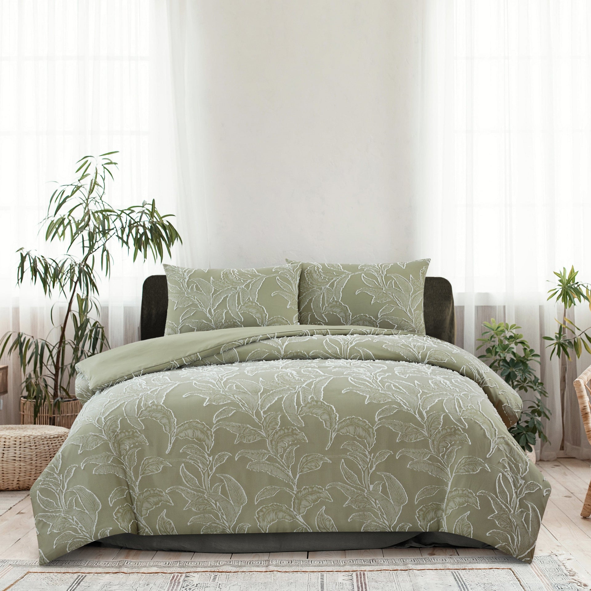 Ardor Bedding Quilt Cover ARDOR BOUDOIR "Kiah" CLIPPED TUFTED JACQUARD PALE OLIVE QUILT COVER SET