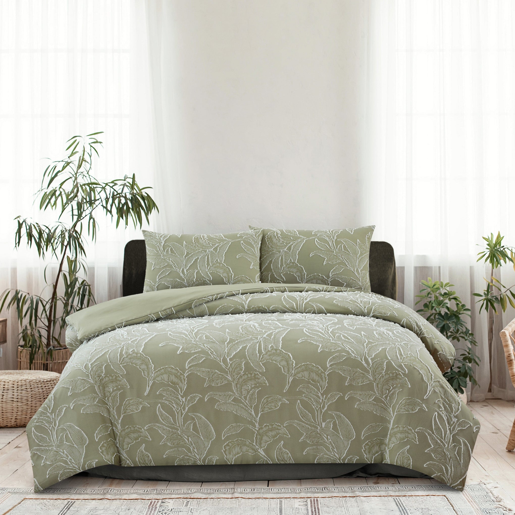 Ardor Bedding Quilt Cover ARDOR BOUDOIR "Kiah" CLIPPED TUFTED JACQUARD PALE OLIVE QUILT COVER SET