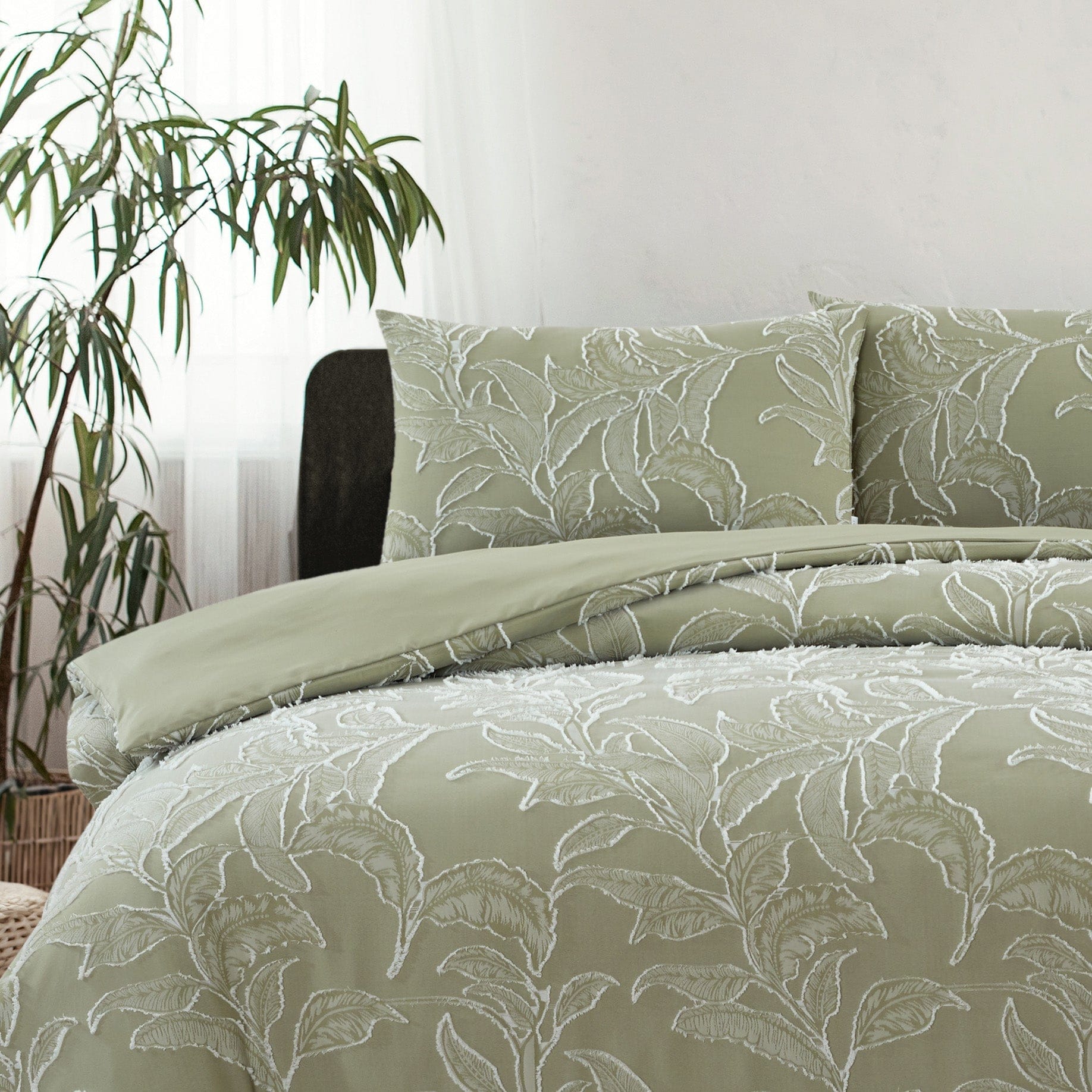Ardor Bedding Quilt Cover ARDOR BOUDOIR "Kiah" CLIPPED TUFTED JACQUARD PALE OLIVE QUILT COVER SET