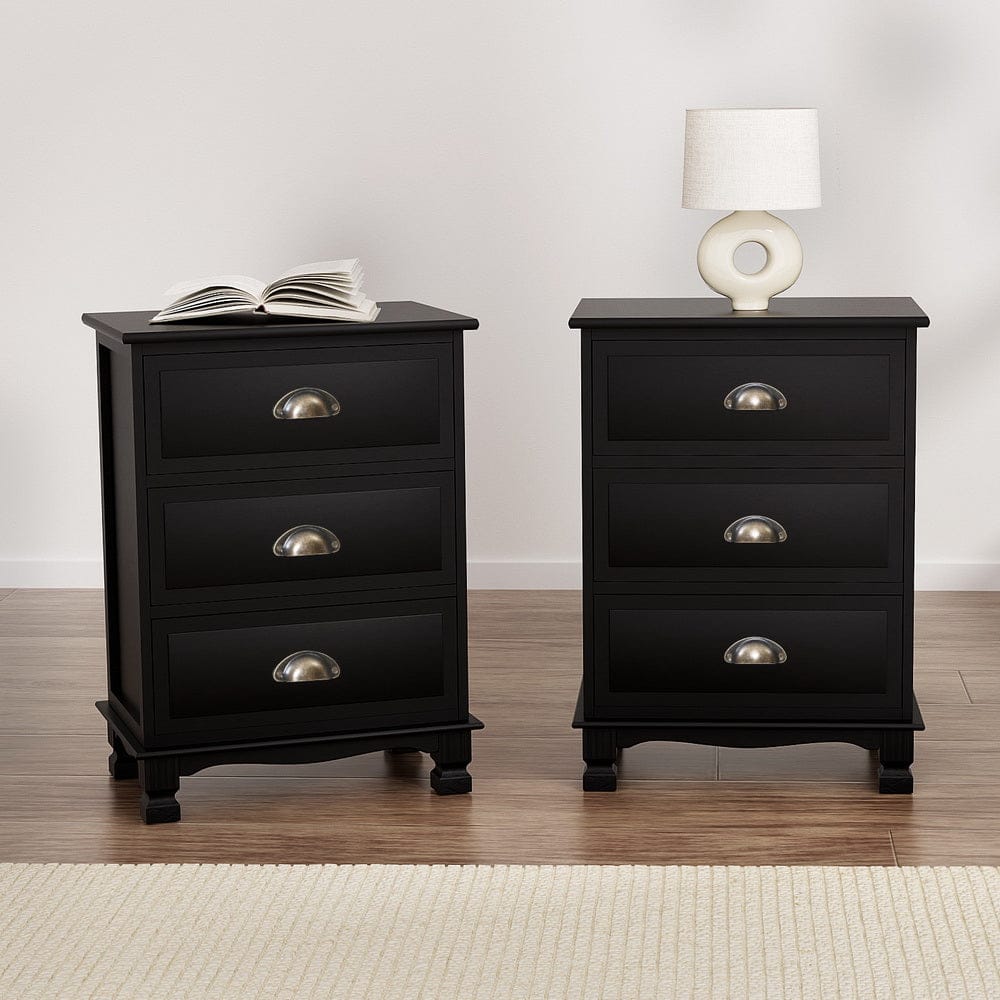 Artiss Bedside Table 2x Bedside Table 3 Drawers Vintage - THYME Black