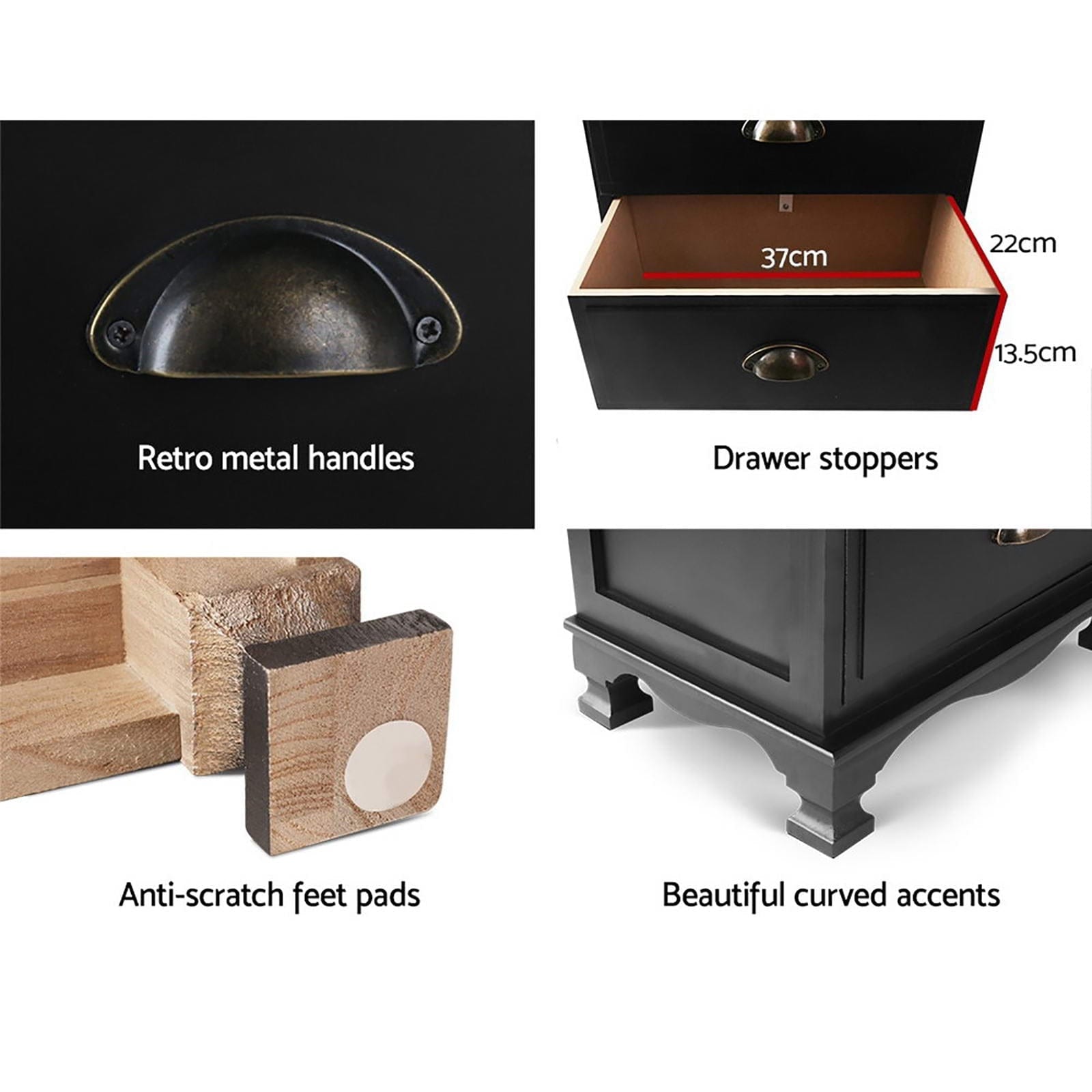 Artiss Bedside Table 2x Bedside Table 3 Drawers Vintage - THYME Black