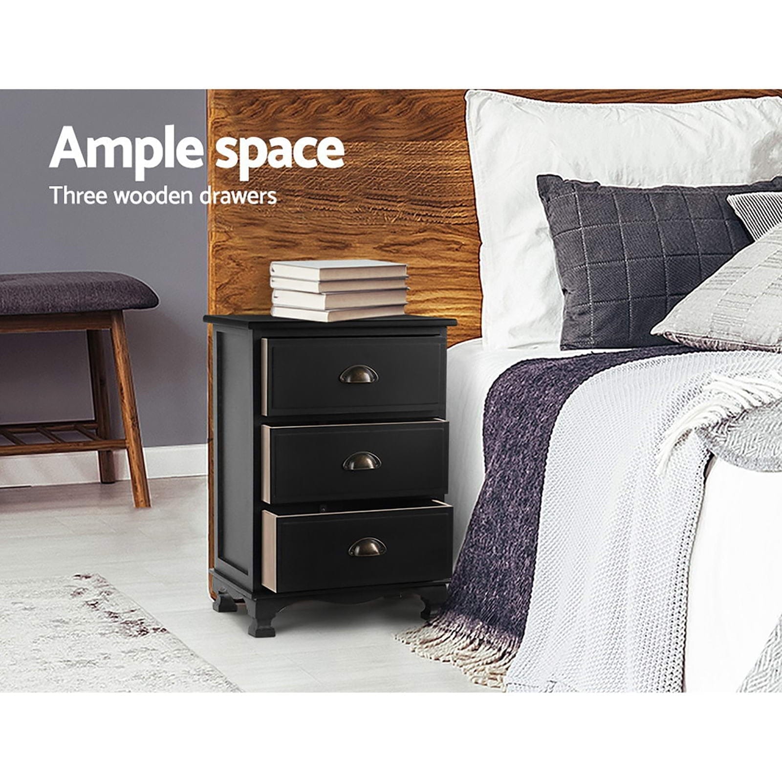 Artiss Bedside Table 2x Bedside Table 3 Drawers Vintage - THYME Black