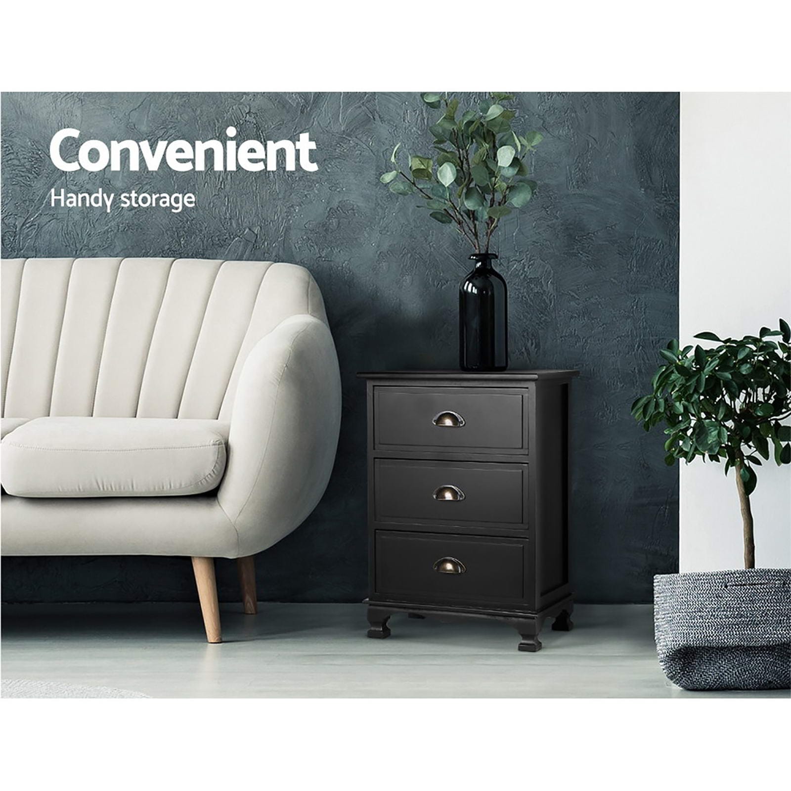 Artiss Bedside Table 2x Bedside Table 3 Drawers Vintage - THYME Black
