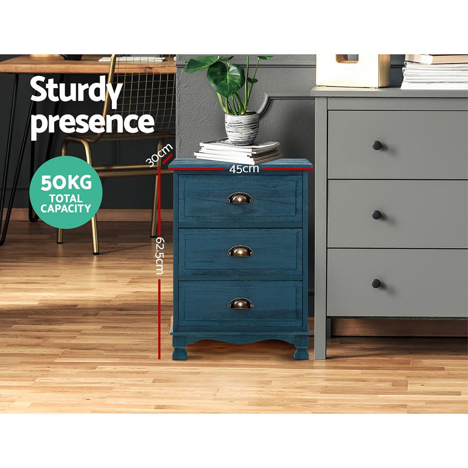 Artiss Bedside Table 2x Bedside Table 3 Drawers Vintage - THYME Blue