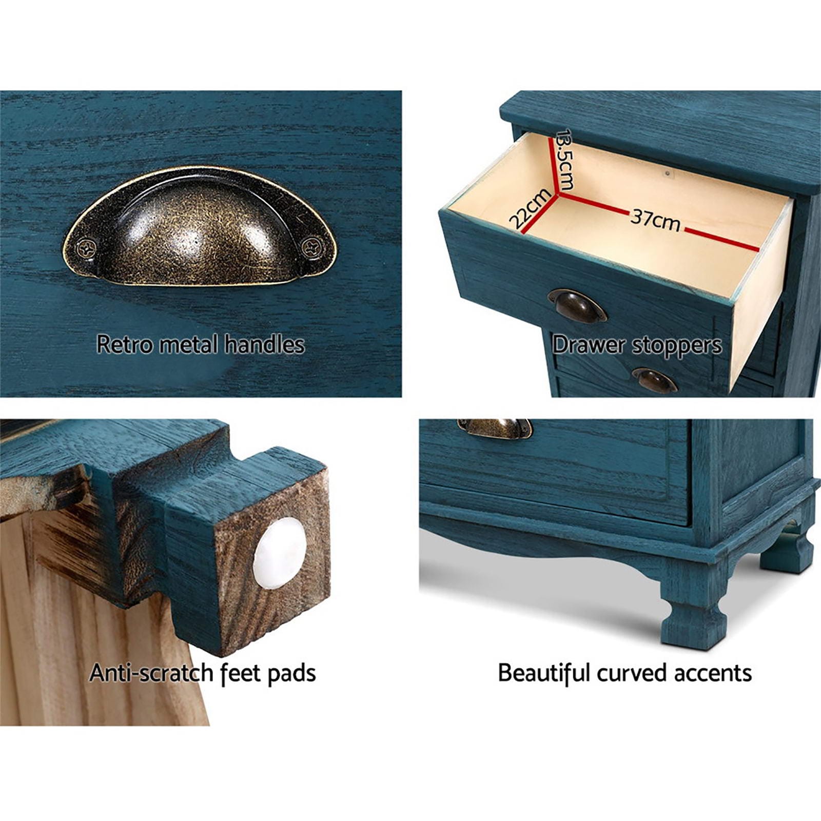 Artiss Bedside Table 2x Bedside Table 3 Drawers Vintage - THYME Blue