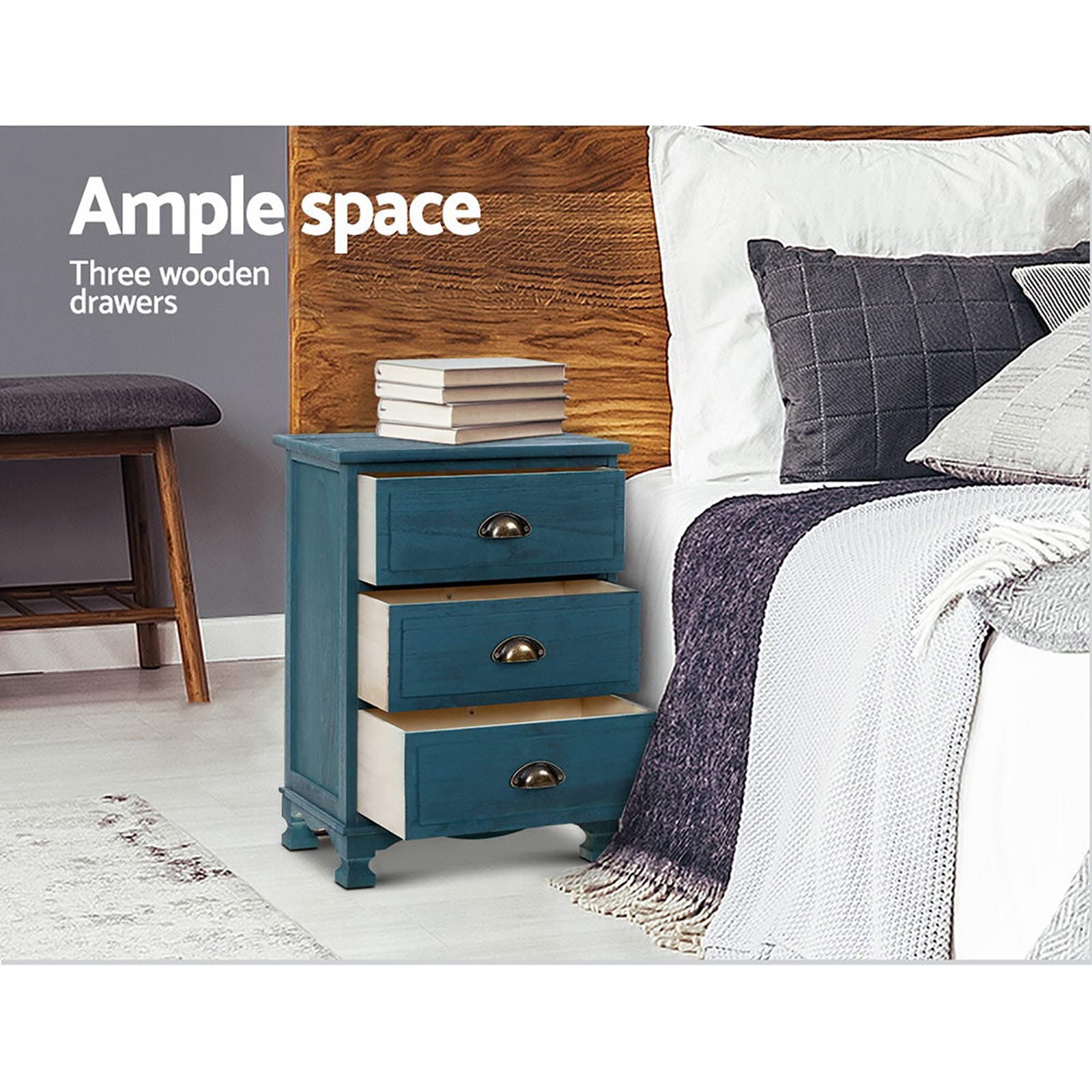 Artiss Bedside Table 2x Bedside Table 3 Drawers Vintage - THYME Blue