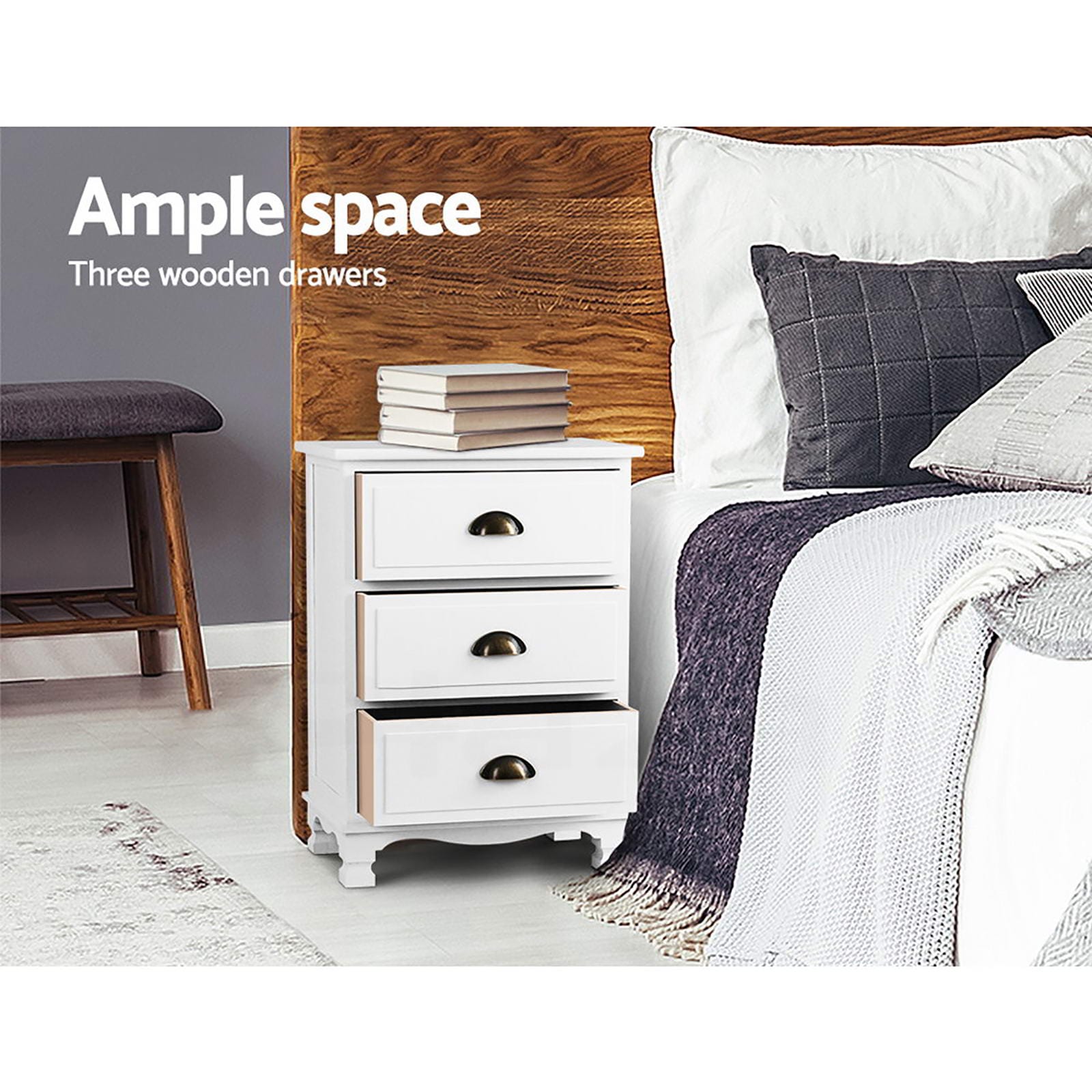 Artiss Bedside Table 2x Bedside Table 3 Drawers Vintage - THYME White