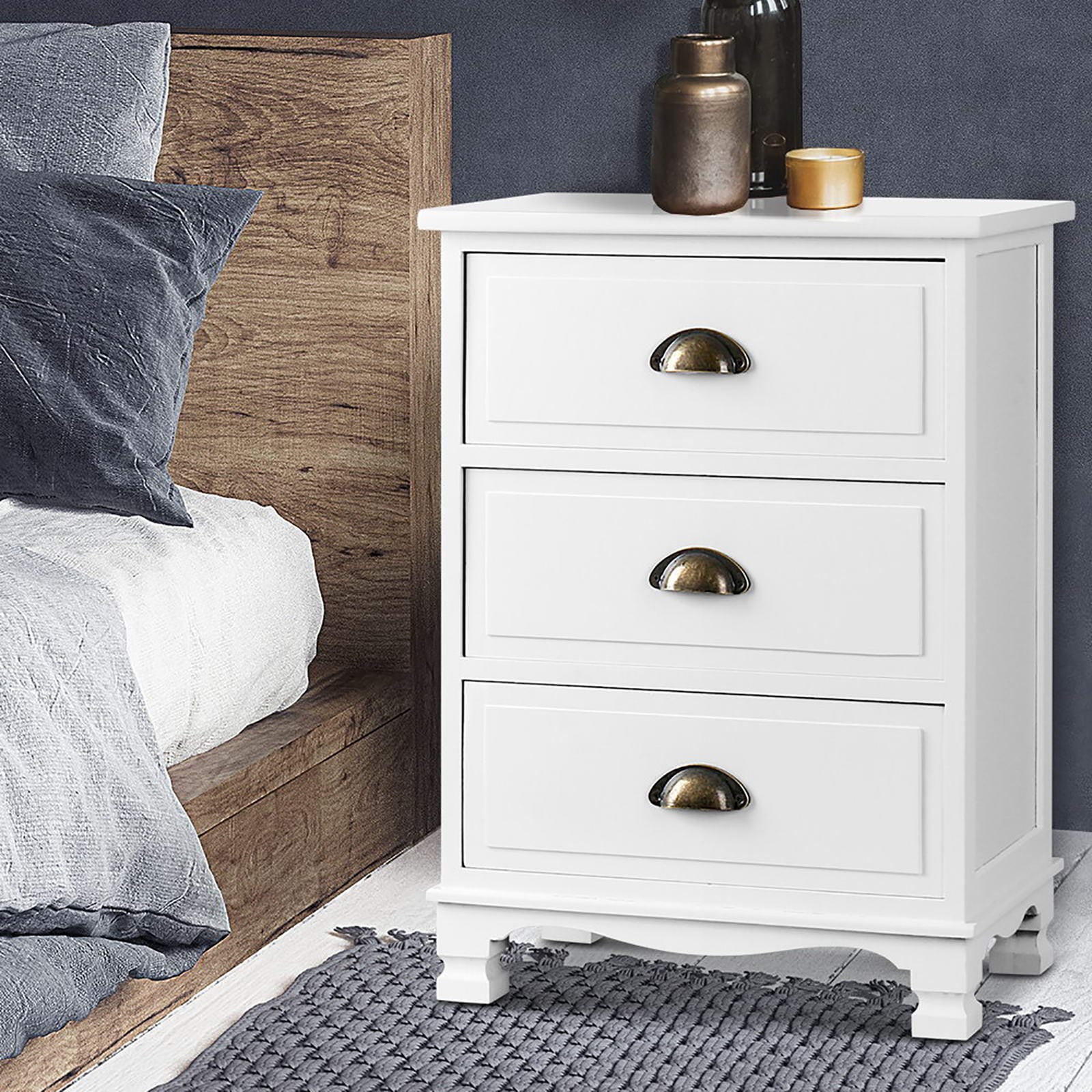 Artiss Bedside Table 2x Bedside Table 3 Drawers Vintage - THYME White