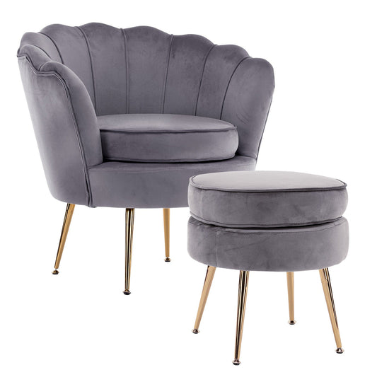 Artiss Accent Chair Armchair Lounge Chair Accent Velvet Shell Scallop + Ottoman Footstool Round GREY