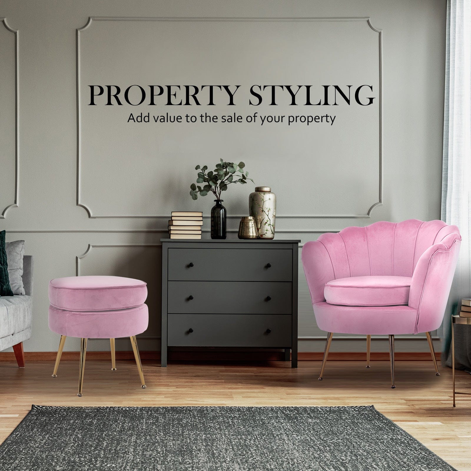 Artiss Accent Chair Armchair Lounge Chair Accent Velvet Shell Scallop + Round Ottoman Footstool PINK