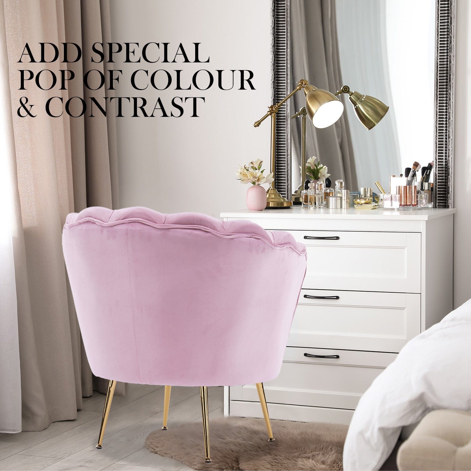 Artiss Accent Chair Armchair Lounge Chair Accent Velvet Shell Scallop + Round Ottoman Footstool PINK