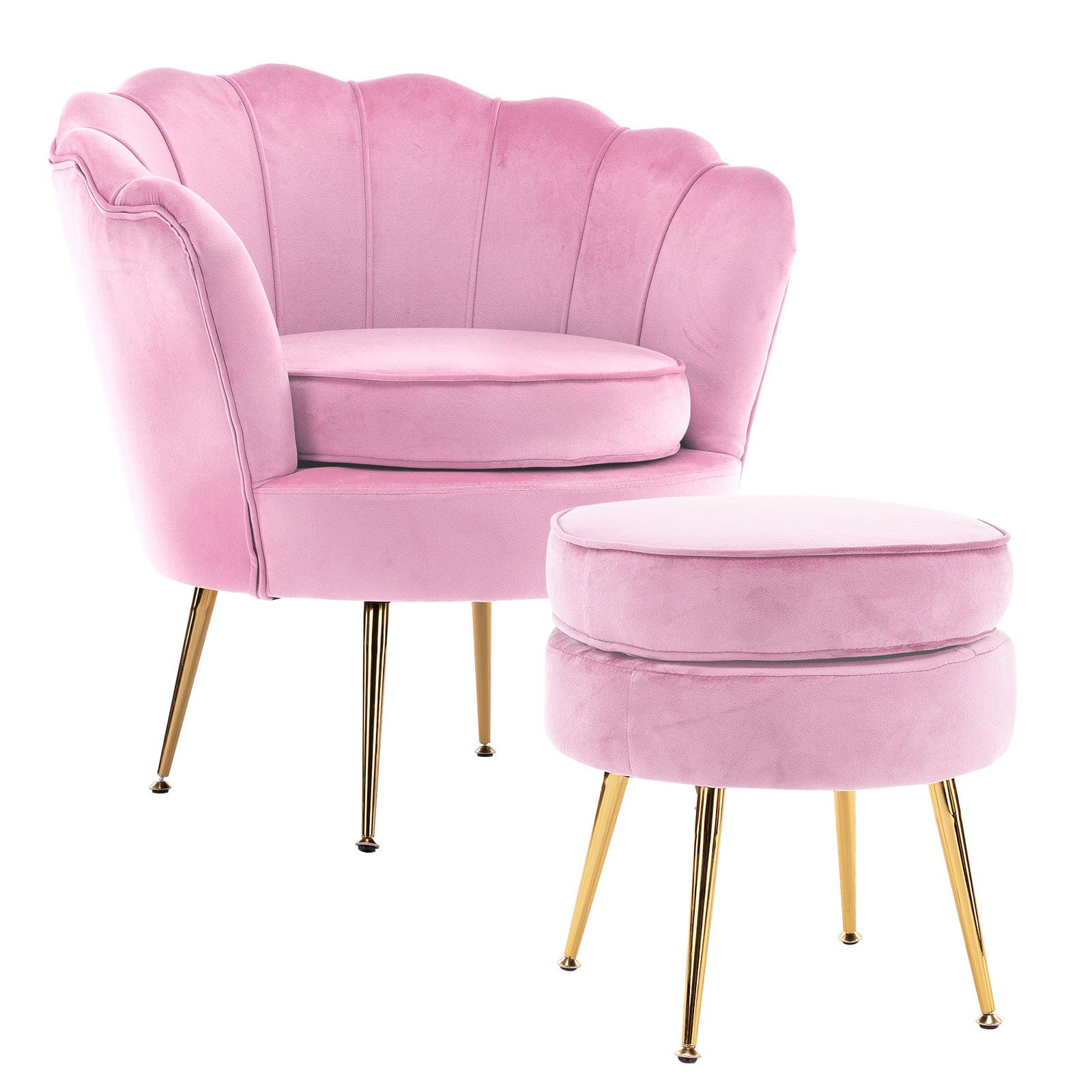 Artiss Accent Chair Armchair Lounge Chair Accent Velvet Shell Scallop + Round Ottoman Footstool PINK