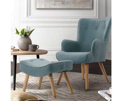 Artiss Accent Chair Armchair Set with Ottoman Blue Lansar