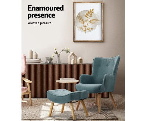Artiss Accent Chair Armchair Set with Ottoman Blue Lansar