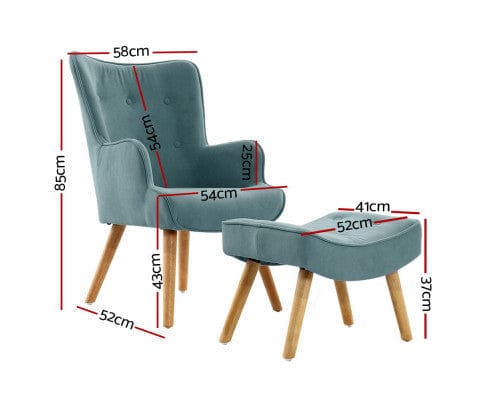 Artiss Accent Chair Armchair Set with Ottoman Blue Lansar