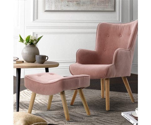 Artiss Accent Chair Armchair Set with Ottoman Pink Lansar