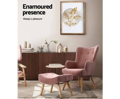 Artiss Accent Chair Armchair Set with Ottoman Pink Lansar