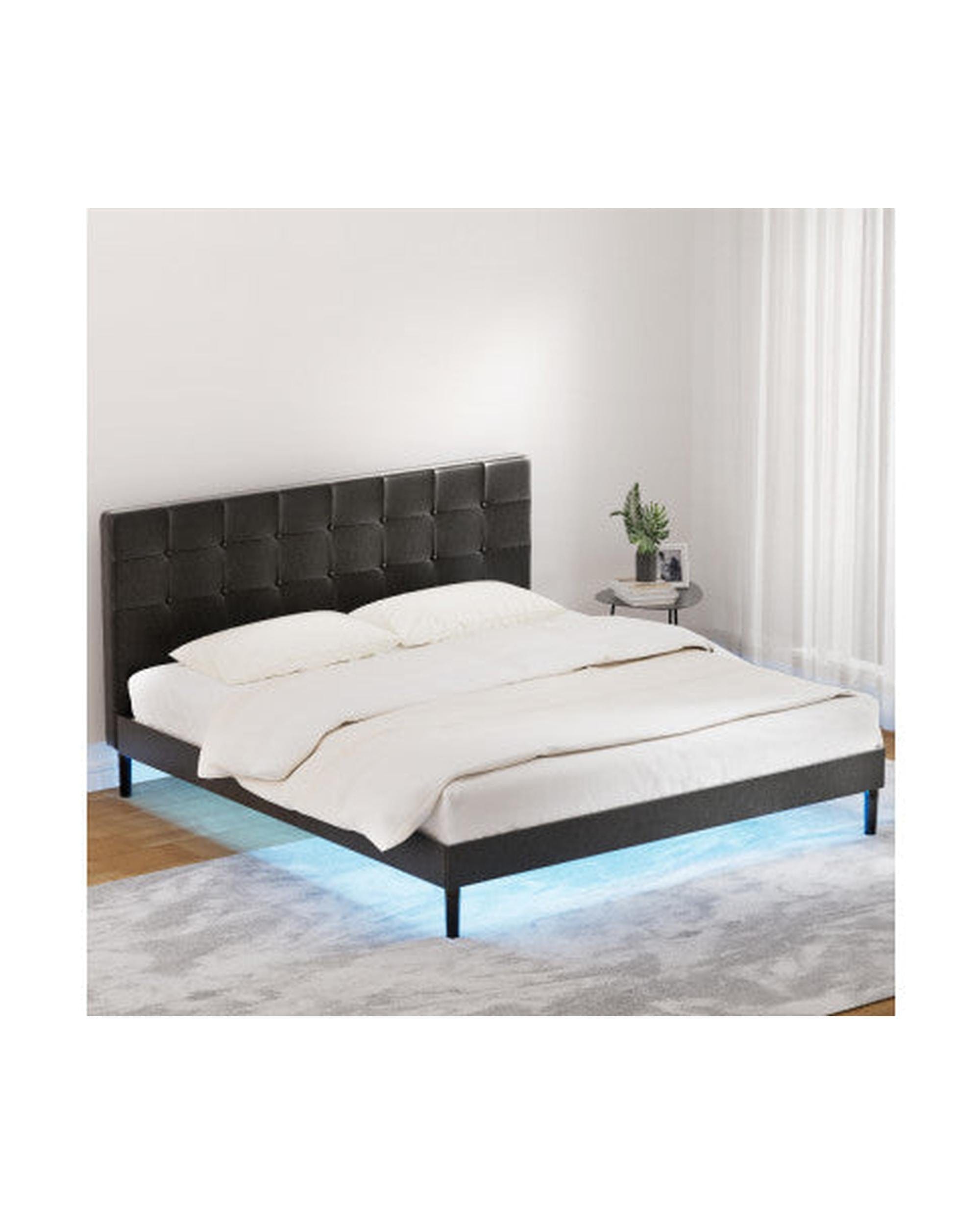 Artiss Bedframe Bed Frame w RGB LED Lights Charge Ports Black Leather RAVI