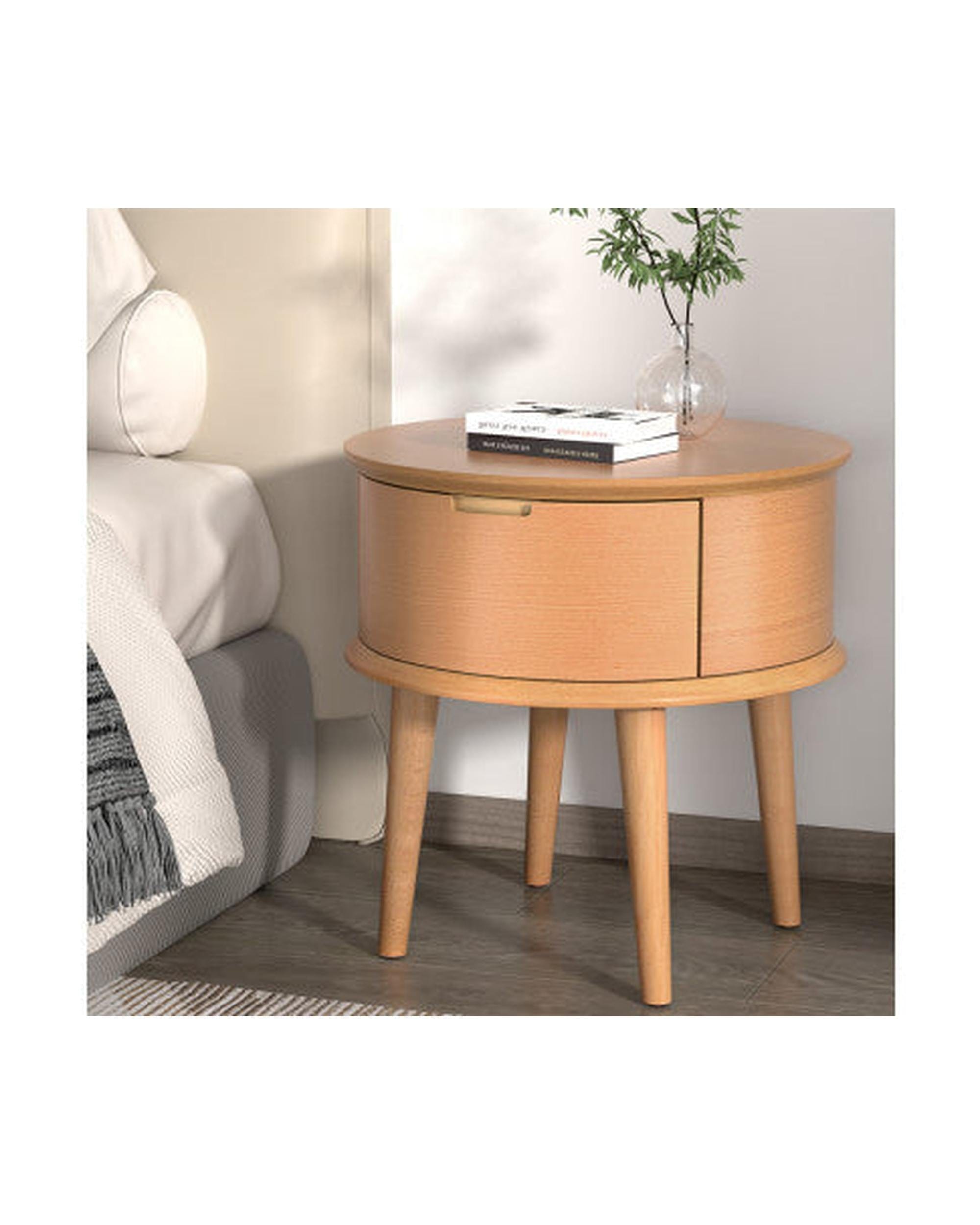 Artiss Bedside Table Bedside Table Drawers Curved Side End Table Storage Nightstand Oak ENZO