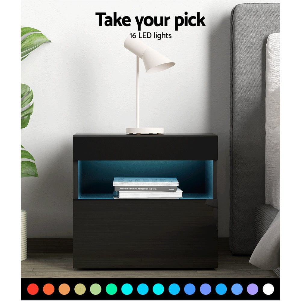 Artiss Bedside Table Bedside Table LED - HERES Black