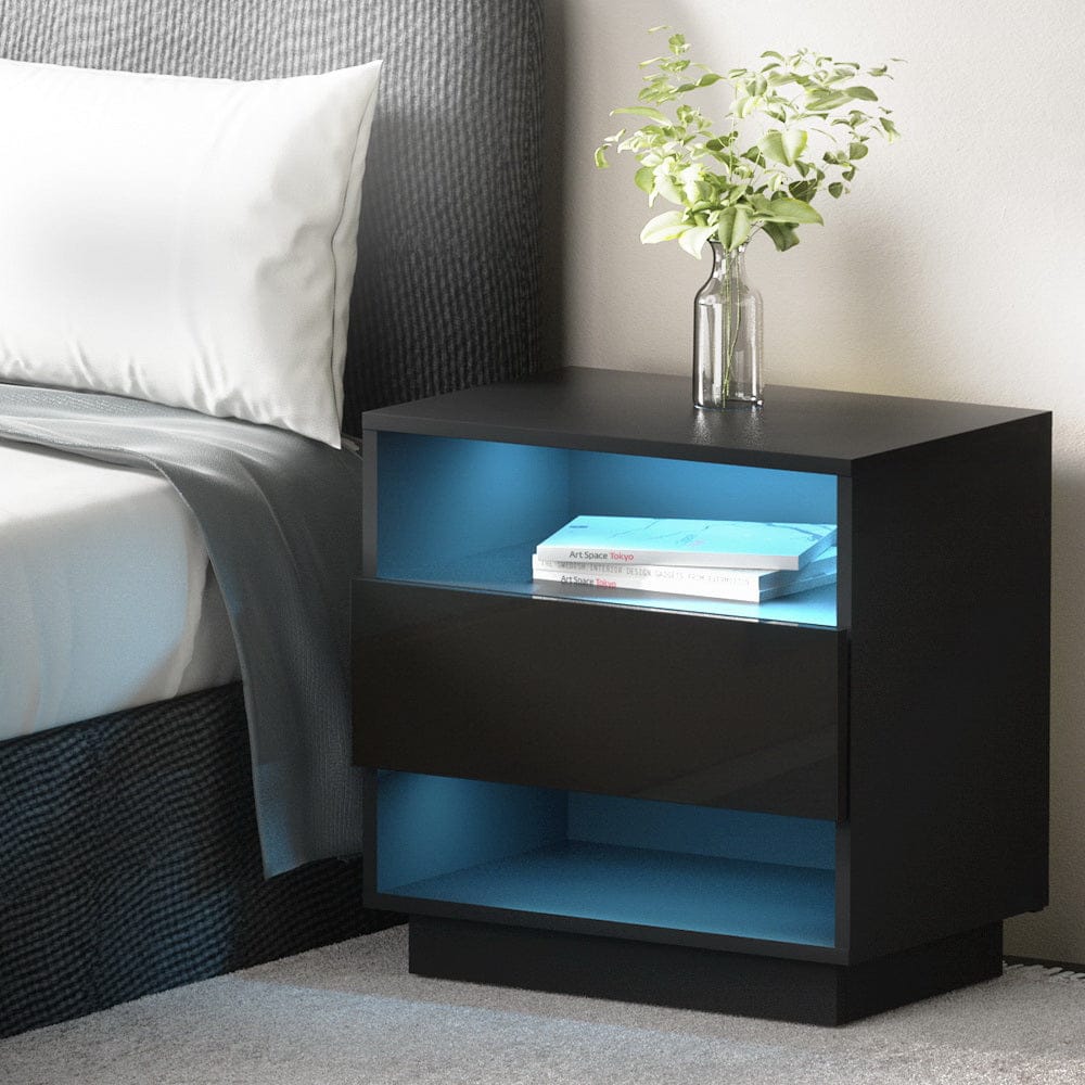 Artiss Bedside Table Bedside Table LED with 2 Shelves - HANA Black