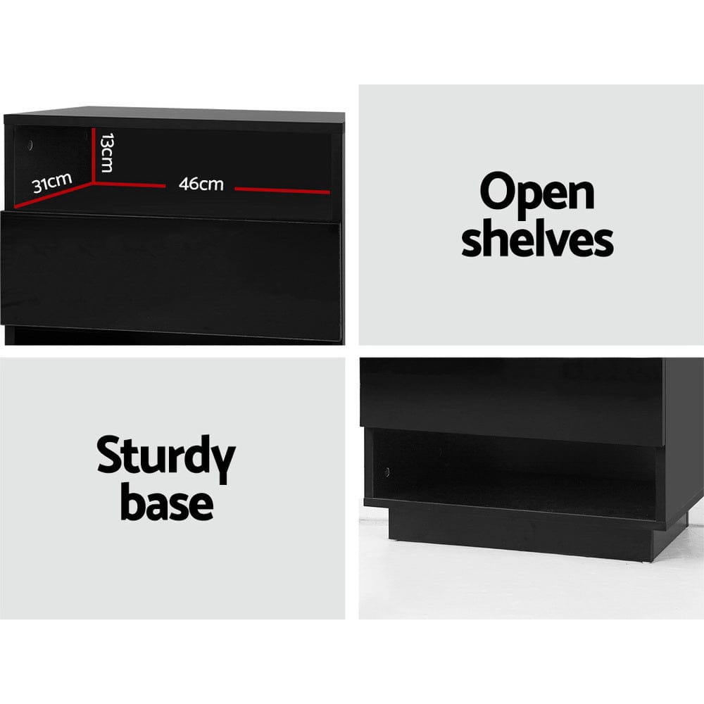 Artiss Bedside Table Bedside Table LED with 2 Shelves - HANA Black