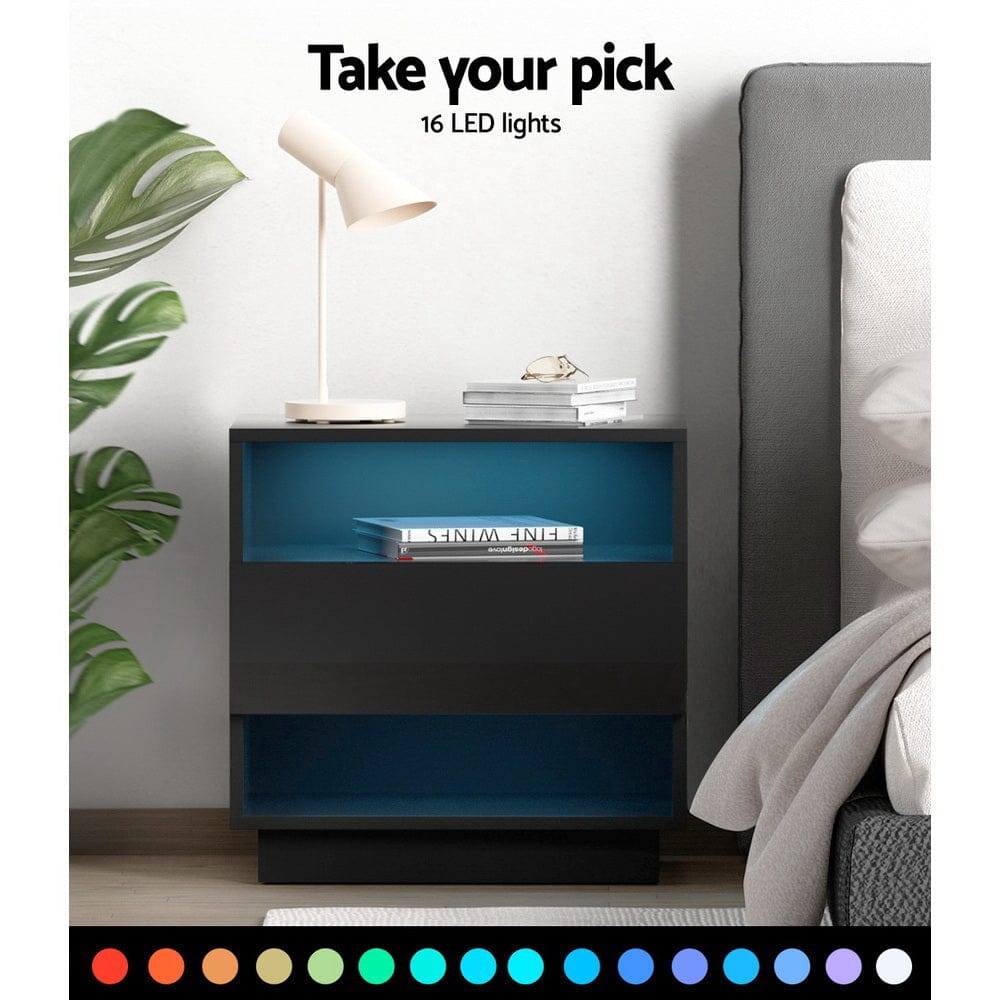 Artiss Bedside Table Bedside Table LED with 2 Shelves - HANA Black
