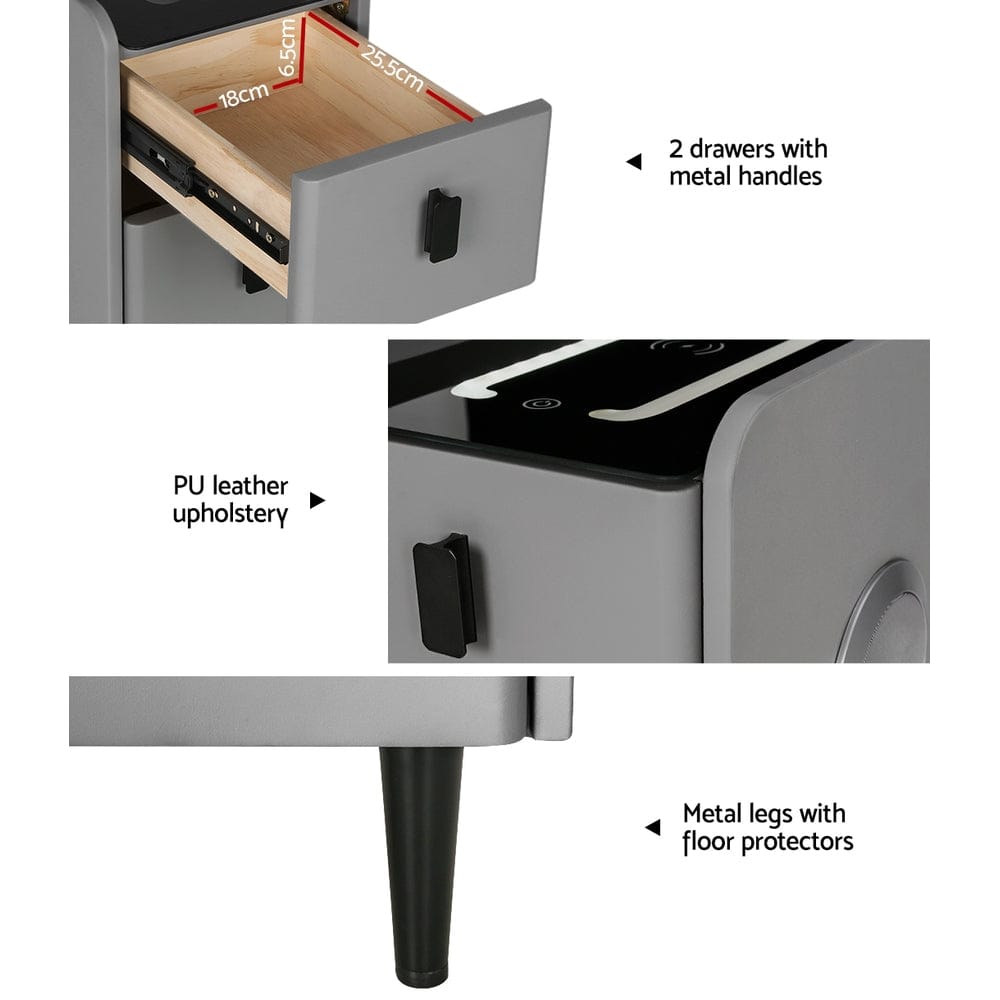 Artiss Bedside Table Smart Bedside Table 2 Drawers with Wireless Charging Ports LED Grey AIDA