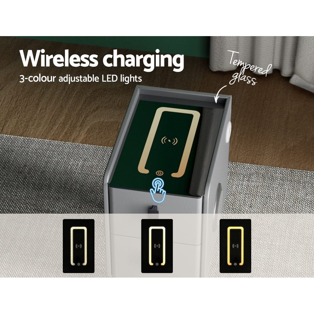 Artiss Bedside Table Smart Bedside Table 2 Drawers with Wireless Charging Ports LED Grey AIDA