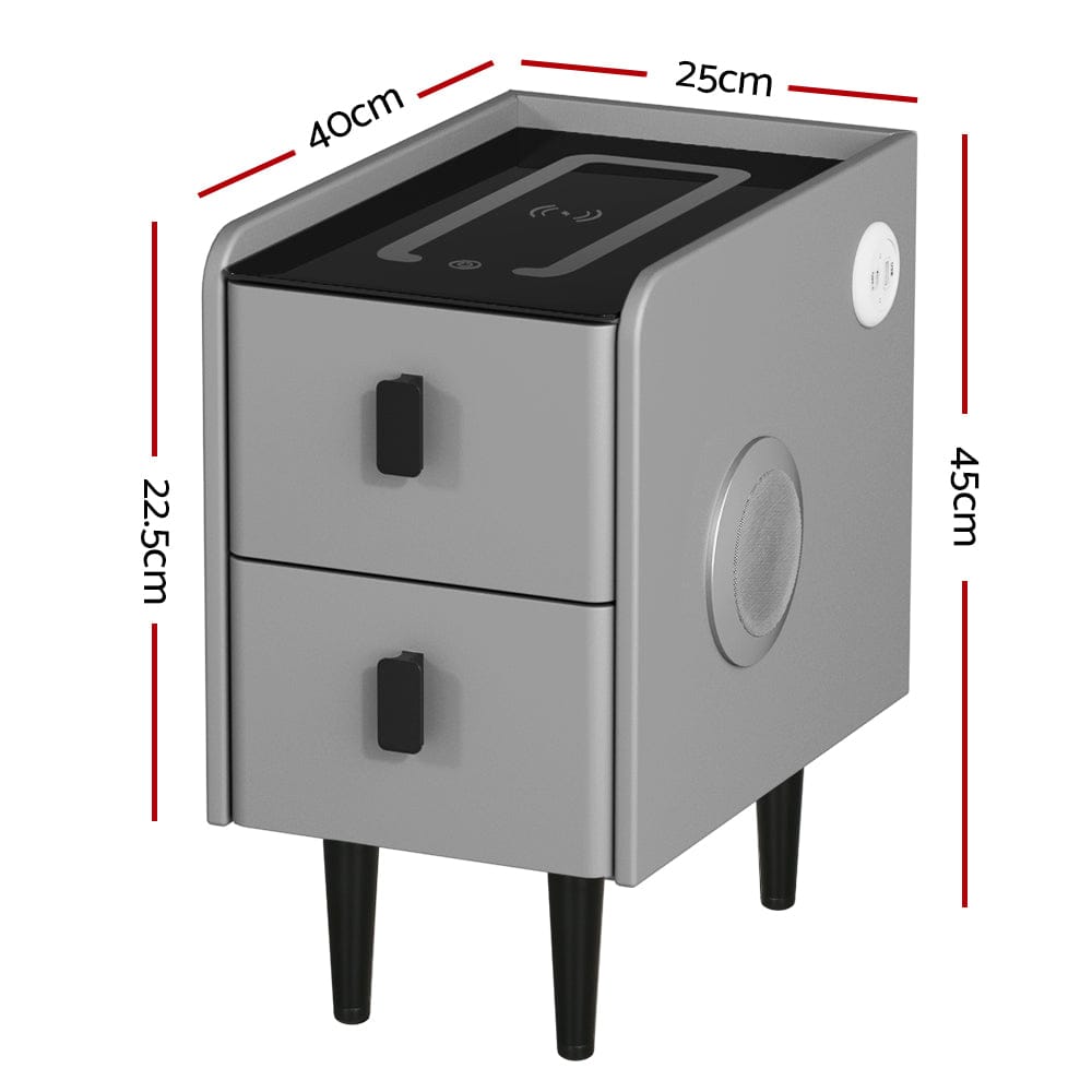 Artiss Bedside Table Smart Bedside Table 2 Drawers with Wireless Charging Ports LED Grey AIDA