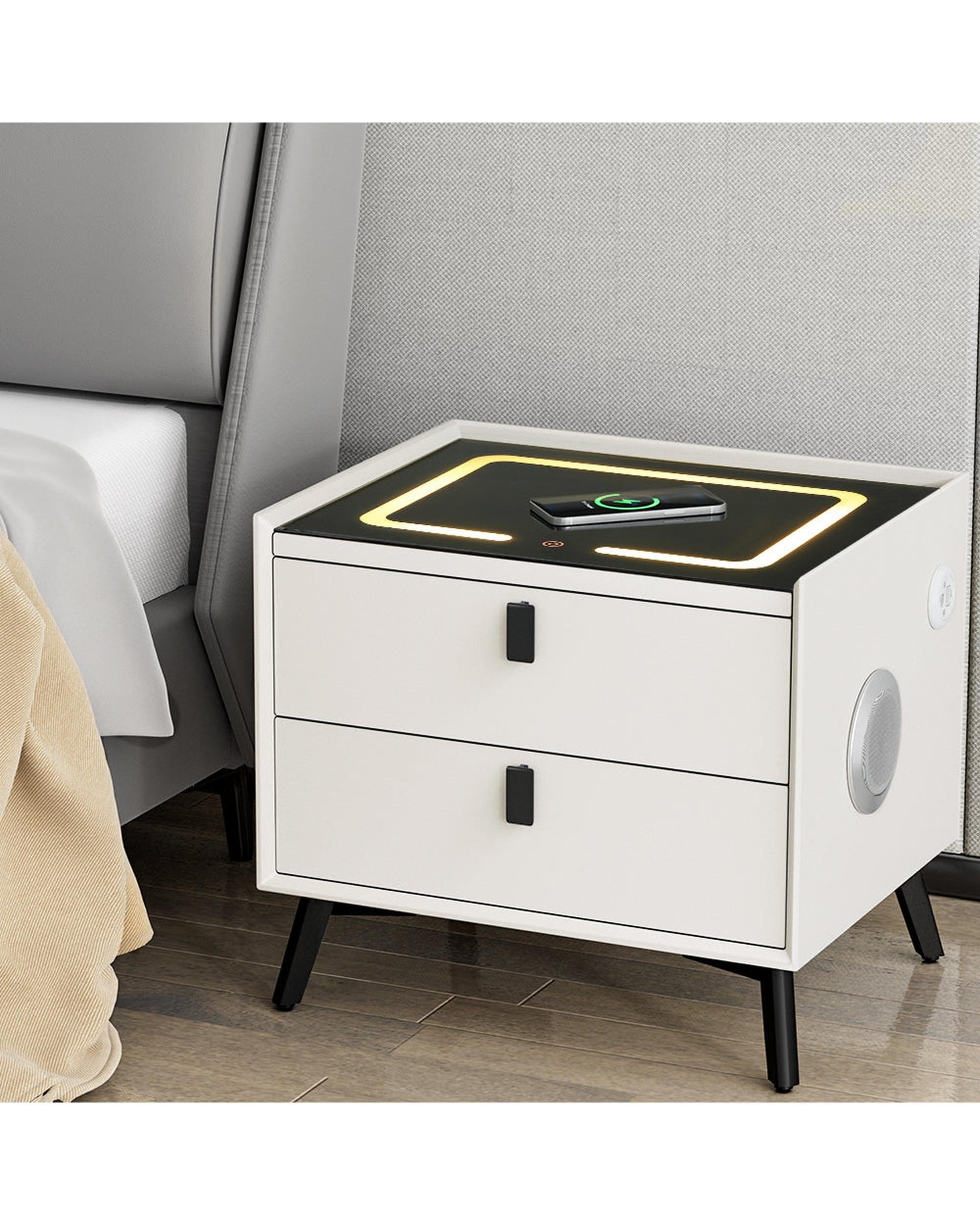 Artiss Bedside Table Smart Bedside Table 2 Drawers with Wireless Charging Ports LED White AIKA