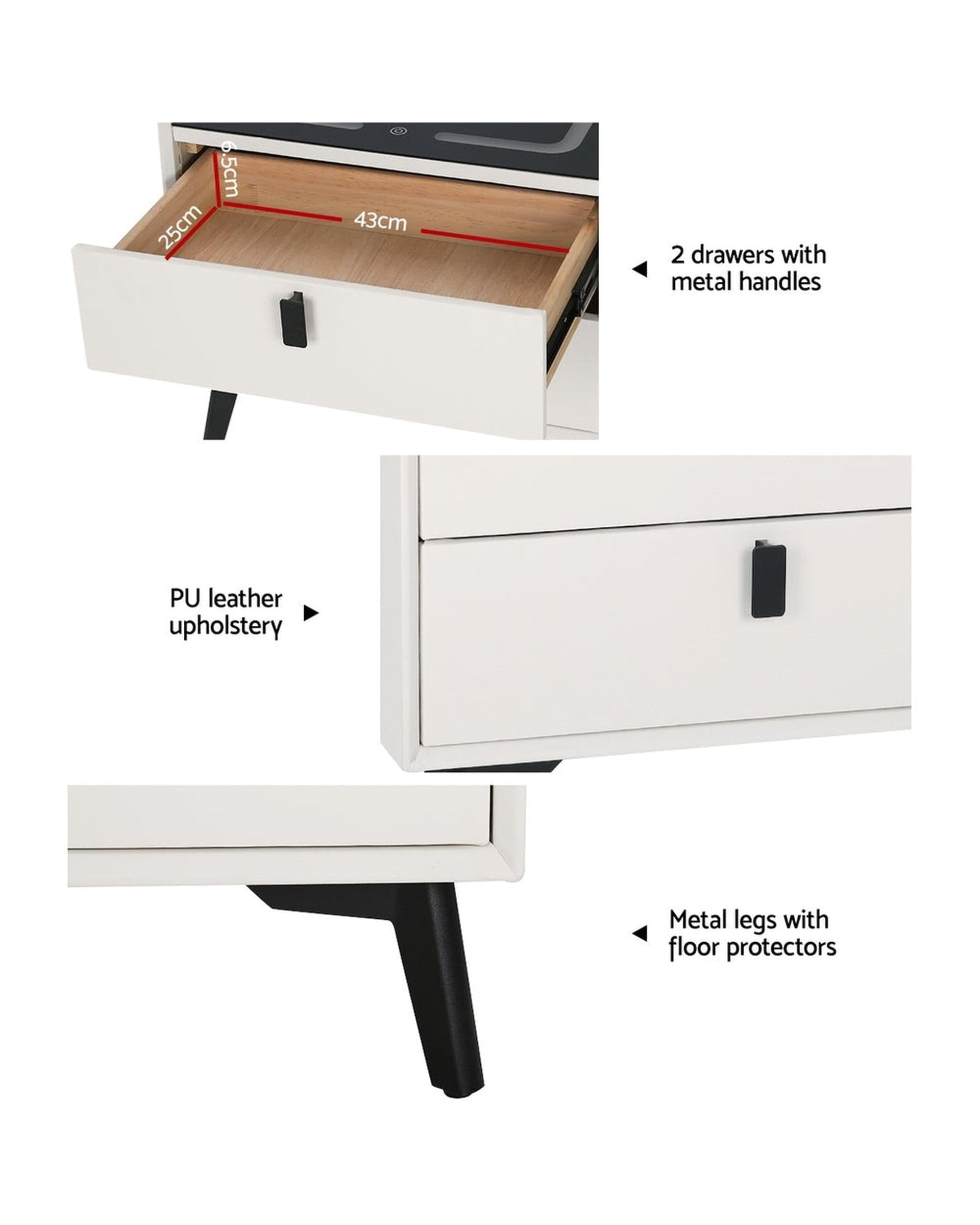 Artiss Bedside Table Smart Bedside Table 2 Drawers with Wireless Charging Ports LED White AIKA