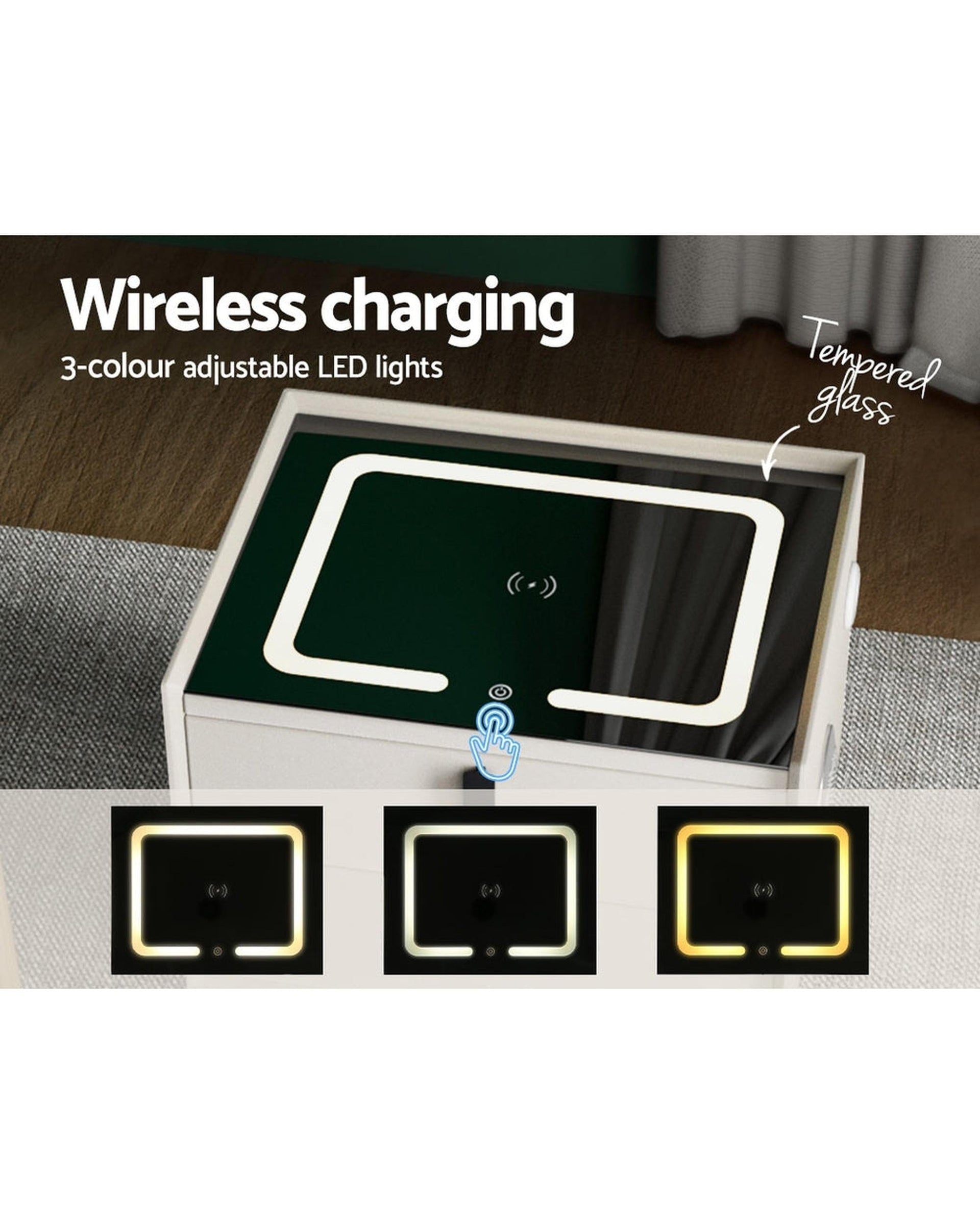 Artiss Bedside Table Smart Bedside Table 2 Drawers with Wireless Charging Ports LED White AIKA