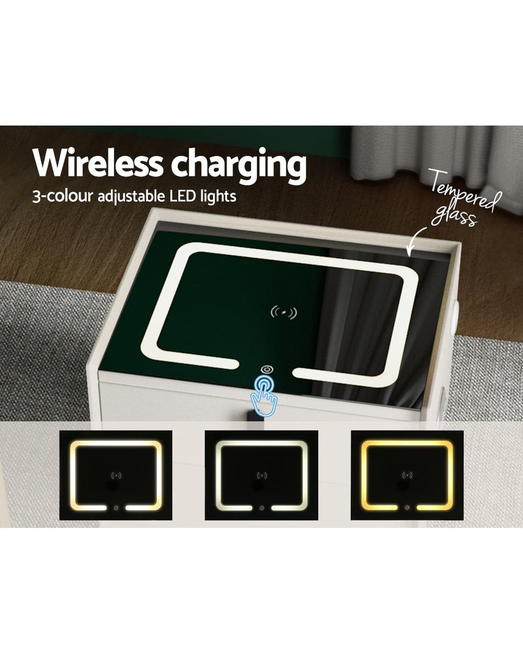 Artiss Bedside Table Smart Bedside Table 2 Drawers with Wireless Charging Ports LED White AIKA
