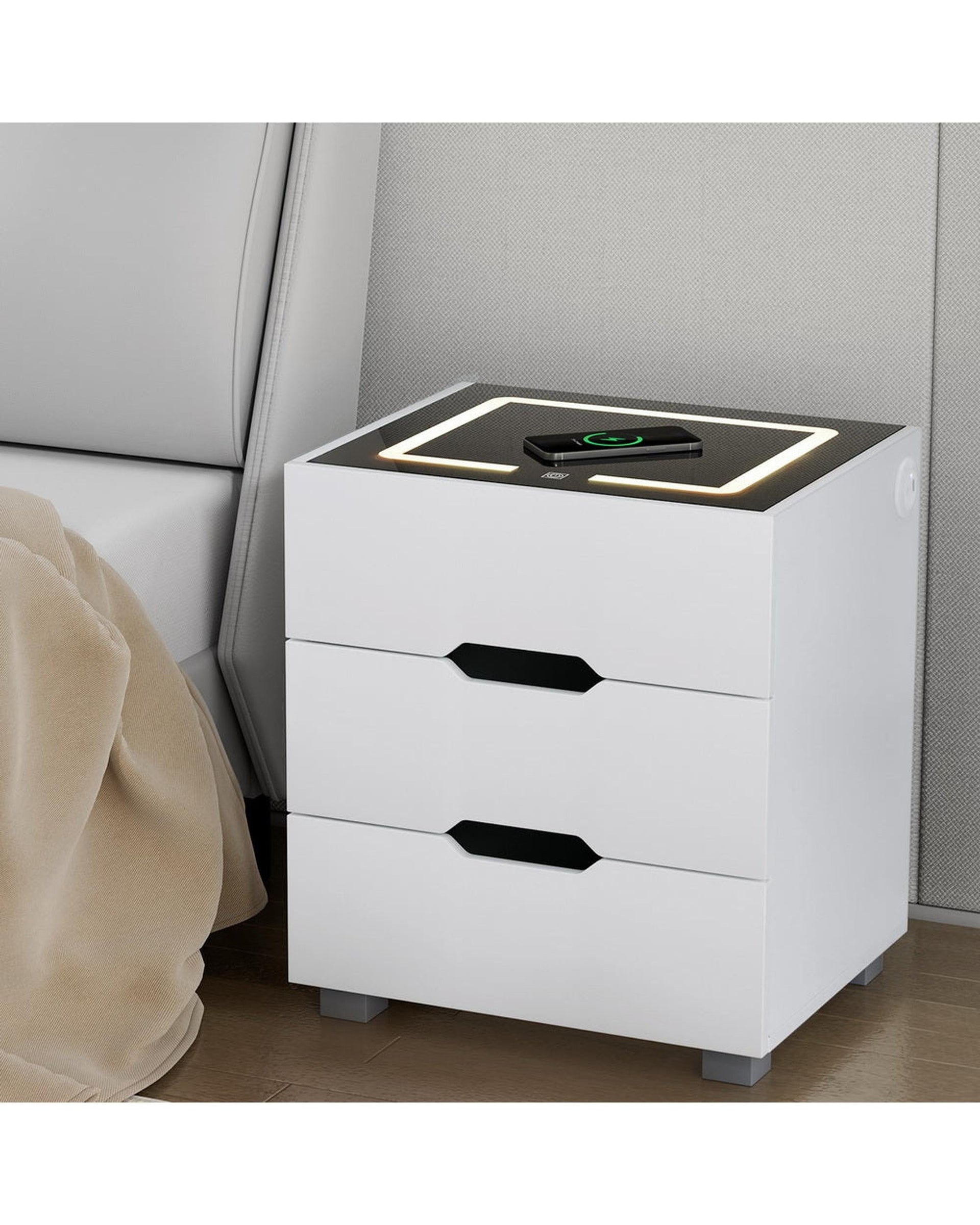 Artiss Bedside Table Smart Bedside Table 3 Drawers with Wireless Charging Ports LED White ADAD