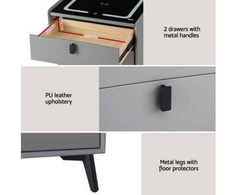 Artiss Bedside Table Smart Bedside Table with Wireless Charging - AIKA Grey