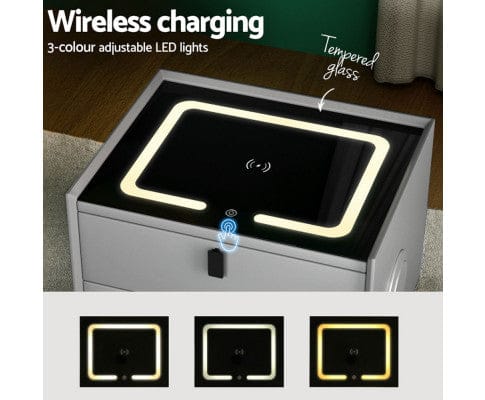 Artiss Bedside Table Smart Bedside Table with Wireless Charging - AIKA Grey