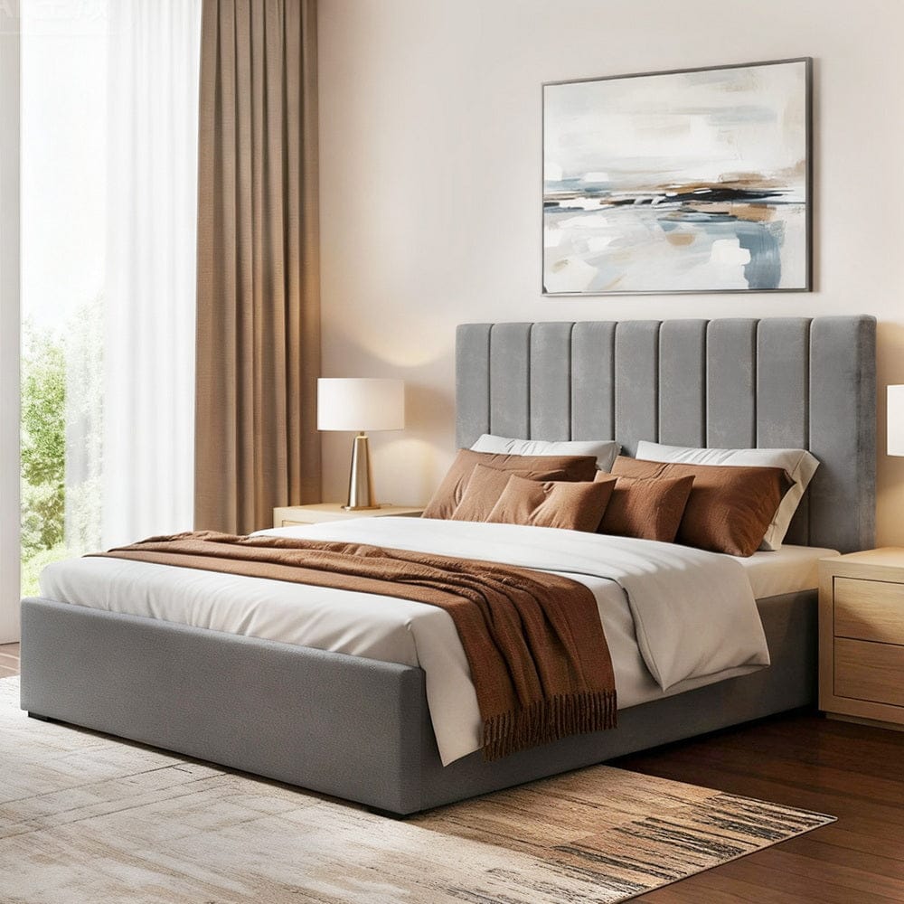 Artiss Bedframe SOL Bed Frame with Storage Grey Velvet Headboard Gas Lift Platform Base